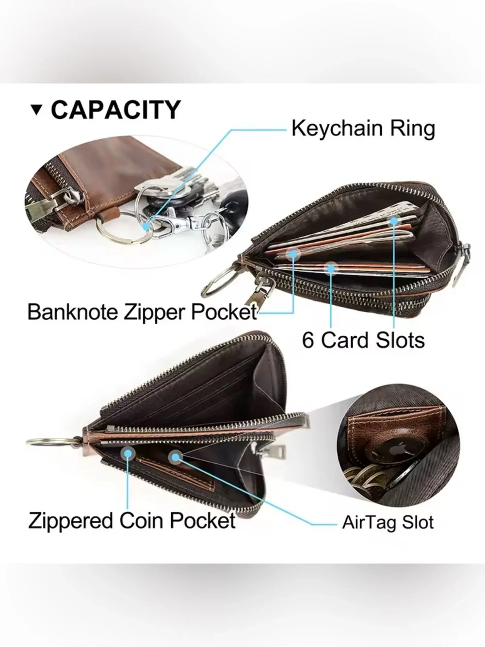 New Vintage Brown genuine Leather Zip Wallet with Keyring Accent
